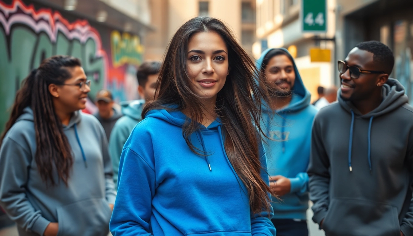 Showcase of stylish blank hoodies worn by diverse individuals in an urban environment.