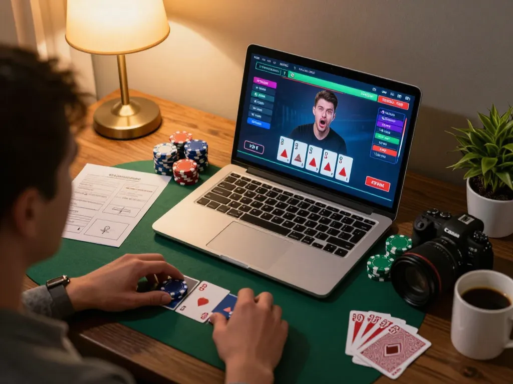 Player using SIN88 online gaming platform to strategize poker gameplay with vibrant screen display and poker chips.