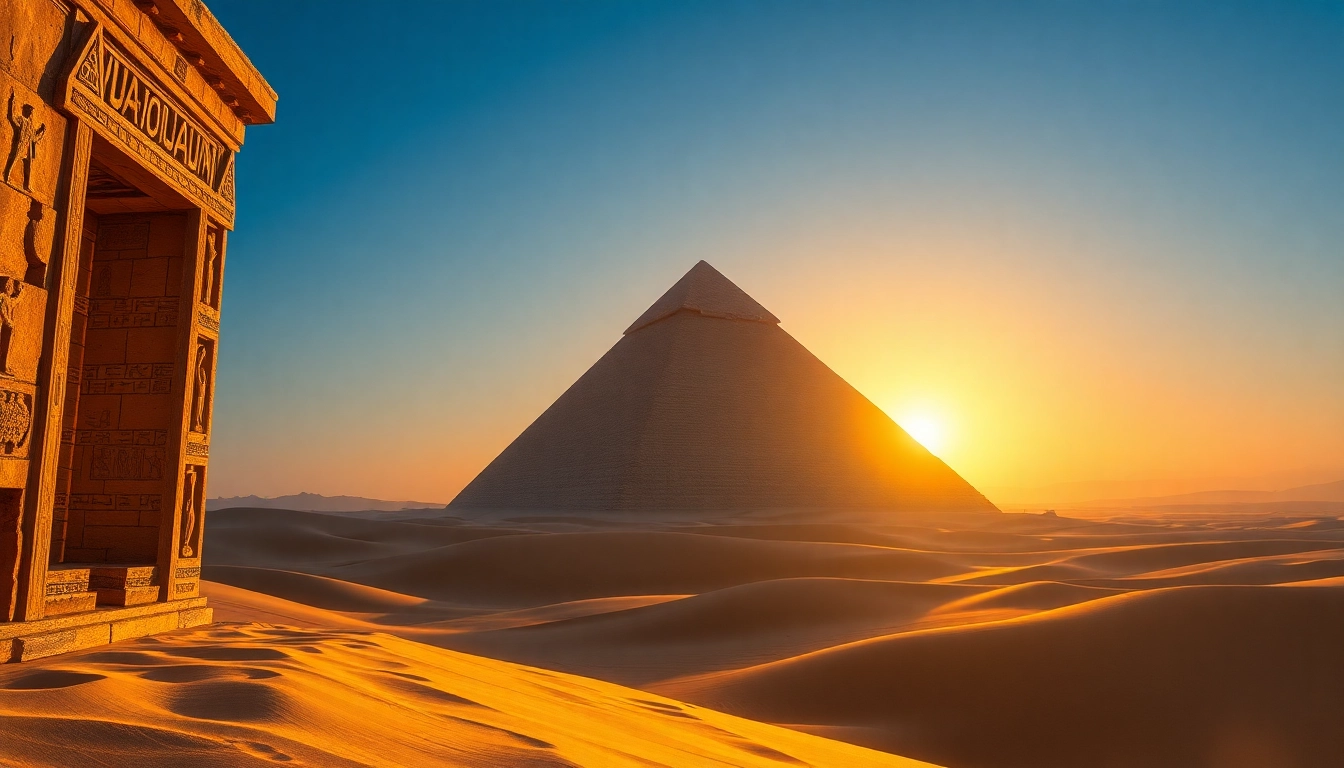 A stunning view of the piraminds with intricate carvings and a majestic golden sunset.