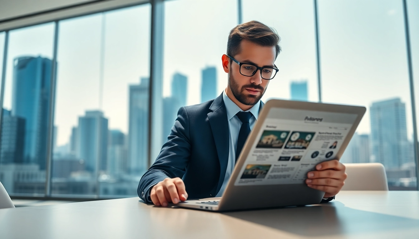 Real Estate expert analyzing listings in a modern office with urban views.