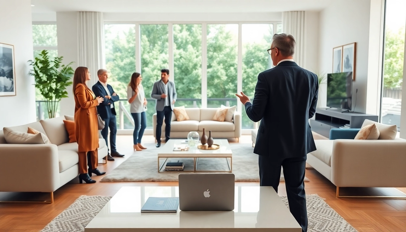 Real Estate agent showcasing a modern home with large windows and inviting decor.