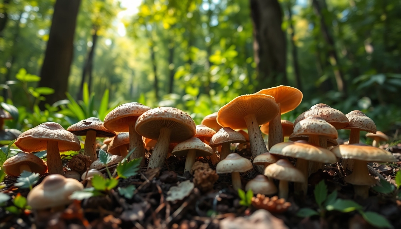 Buy psychedelics online Canada, showcasing vibrant mushrooms nestled in a serene forest setting.