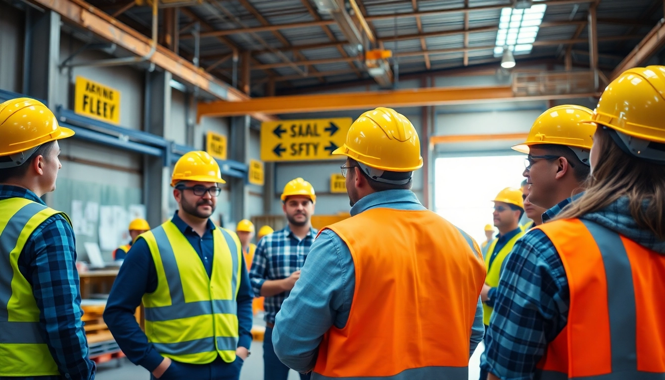 Group engaged in construction safety training session with helmets and vests in industrial setting.