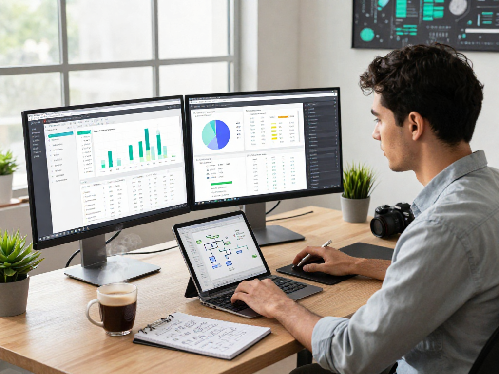 Data analyst using ai image detector in a modern workspace to assess AI-generated content trends.