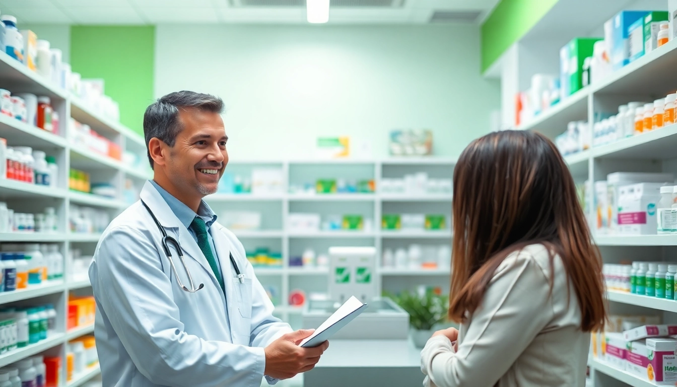 MediClick Pharmacy pharmacist providing guidance to a customer in a welcoming environment.