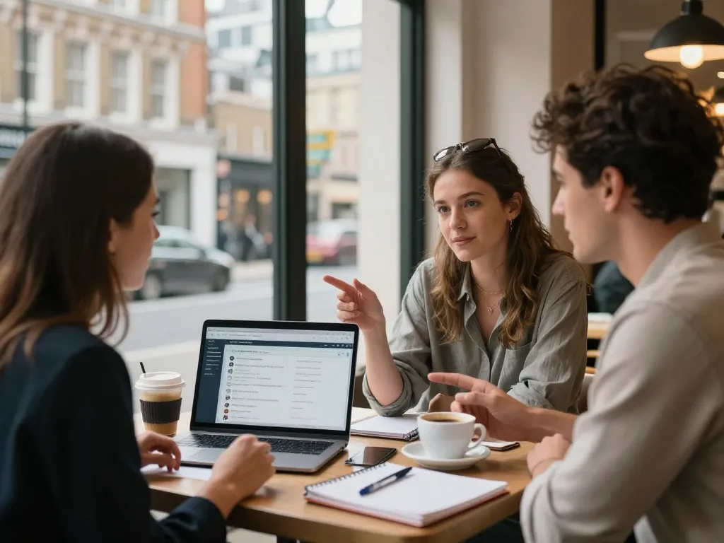 Couple discussing airbnb management london in a stylish London cafe.