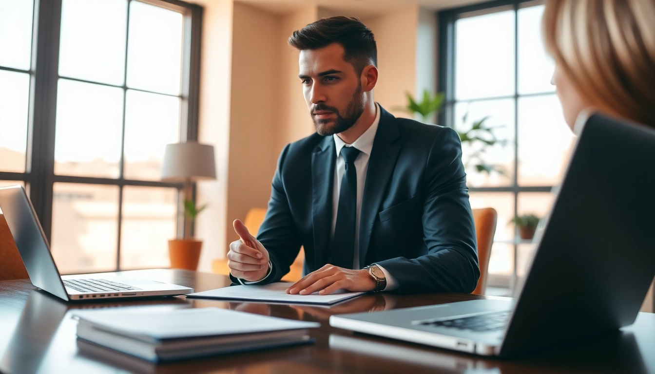 Compassionate Alexandria Personal Injury Lawyer consulting a client in a professional office setting.