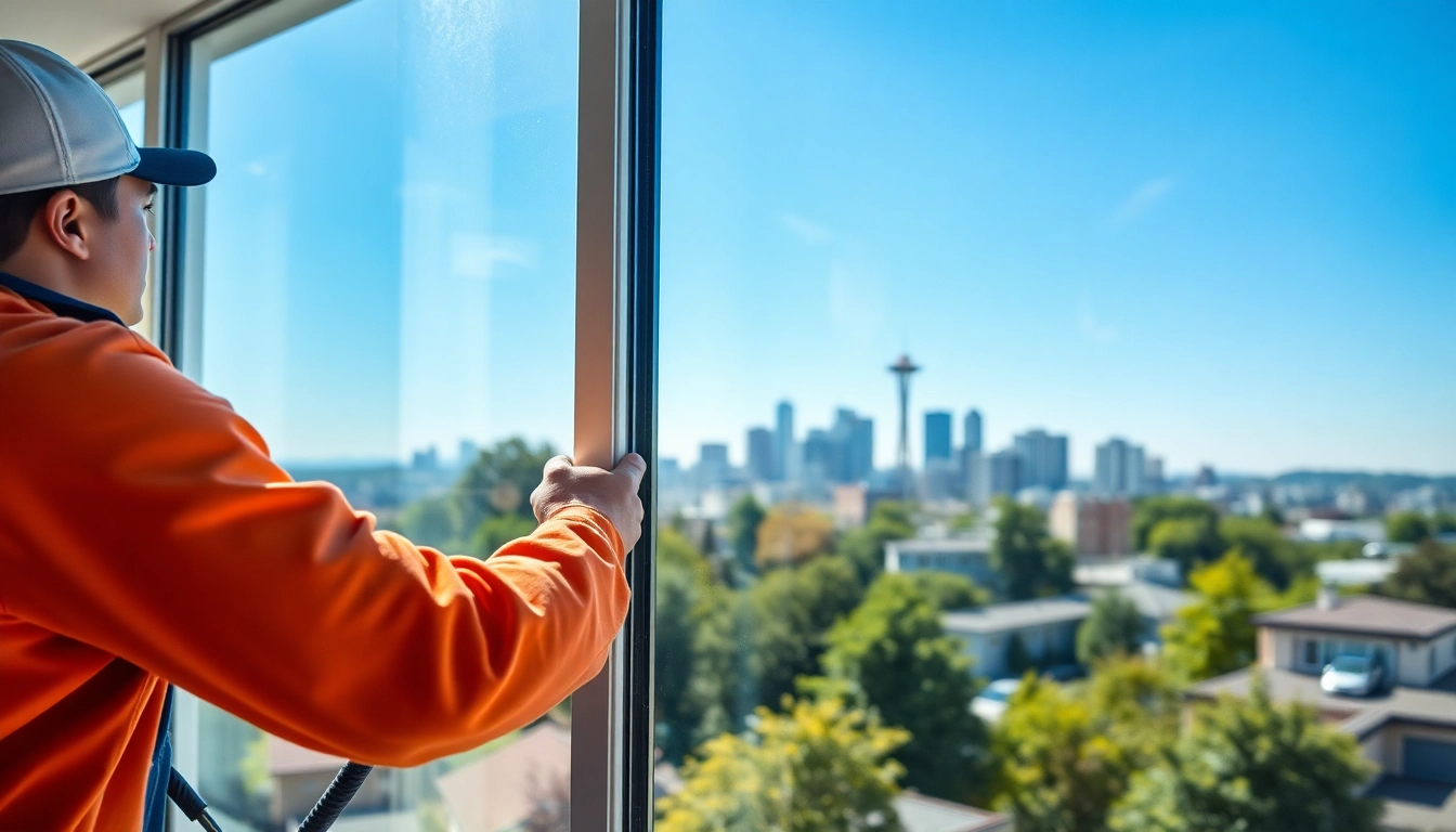 Seattle window cleaning service technician maintaining pristine glass with a view of the Seattle skyline.