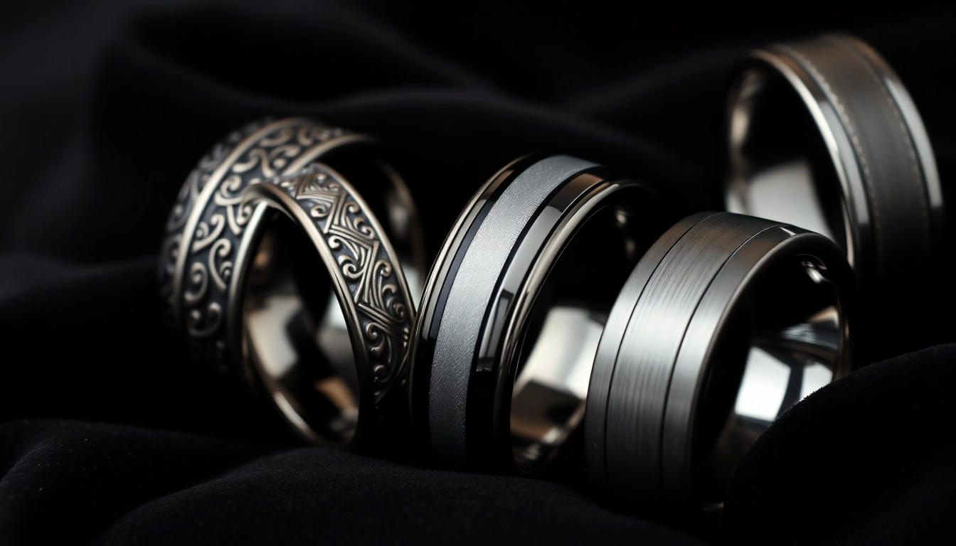 Showcasing tungsten wedding bands with intricate designs on a velvet backdrop, reflecting elegance.