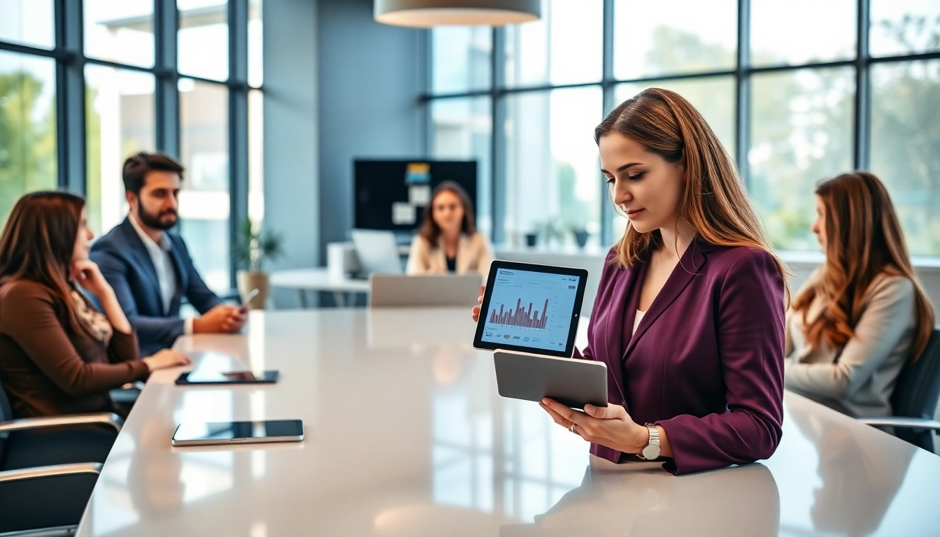 Engaging enterprise ai assistant demonstrating data insights to a team in a modern office.