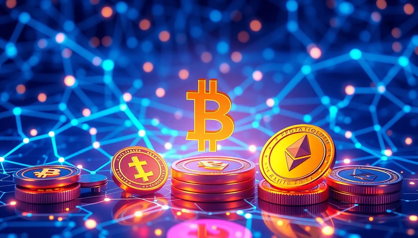 Bitcoin and cryptocurrency network visualization showcasing trading charts and digital wallets.