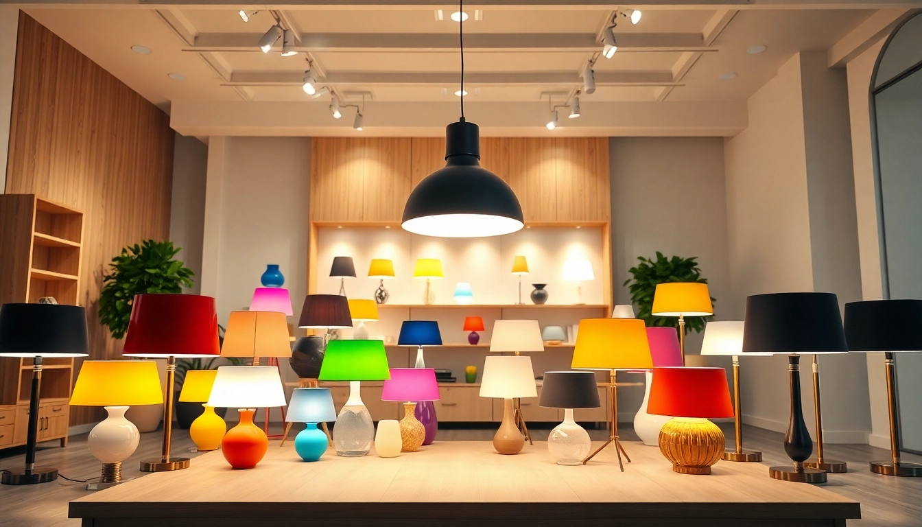 Showcase of ELC Lamps Online illuminating a modern showroom with vibrant colors and elegant designs.