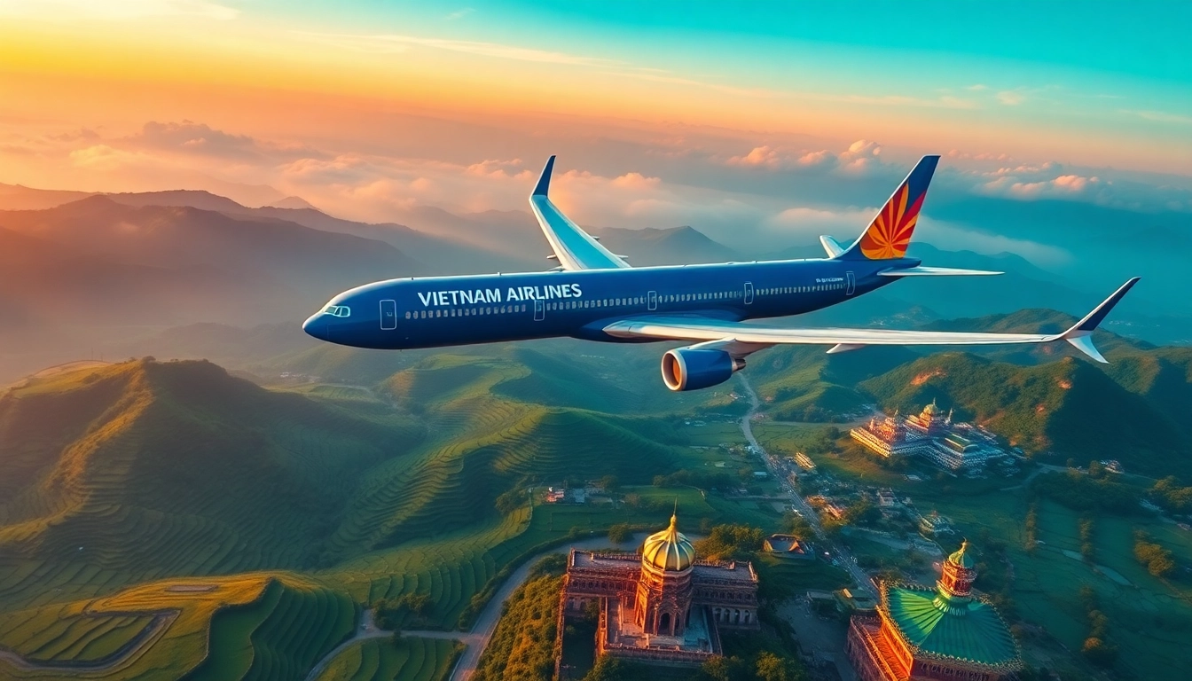 Vietnam Airlines flight VN168 soaring over Vietnam's breathtaking landscapes at sunset.
