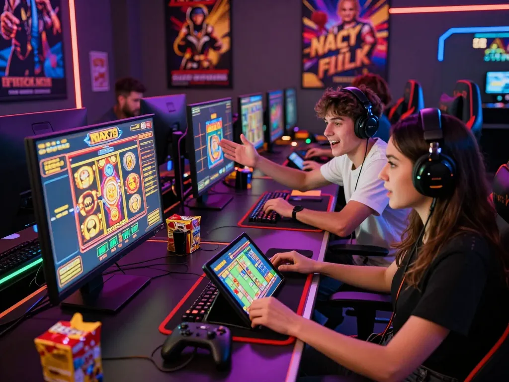 Exciting online gaming scene with players at computers engaged in max79 gaming experience.
