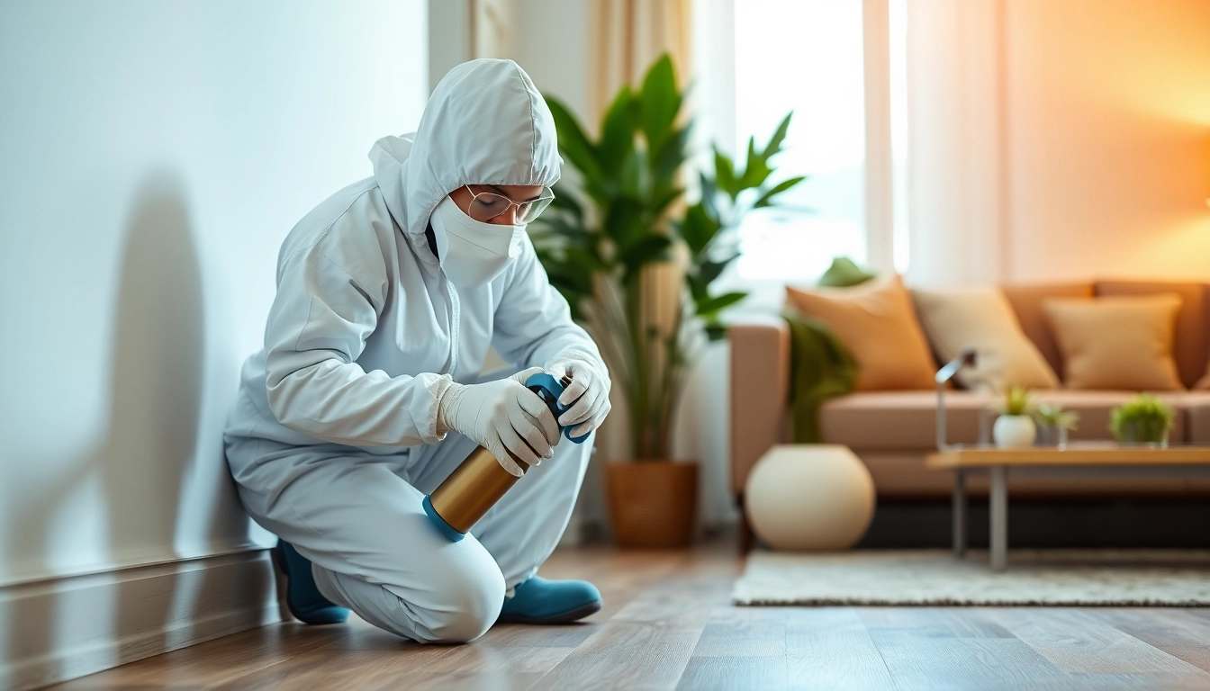Bug exterminator near me applying pest solutions in a modern home setting.
