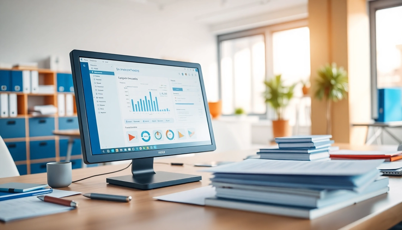 Streamlined invoice processing software shown on a computer screen in a professional office.