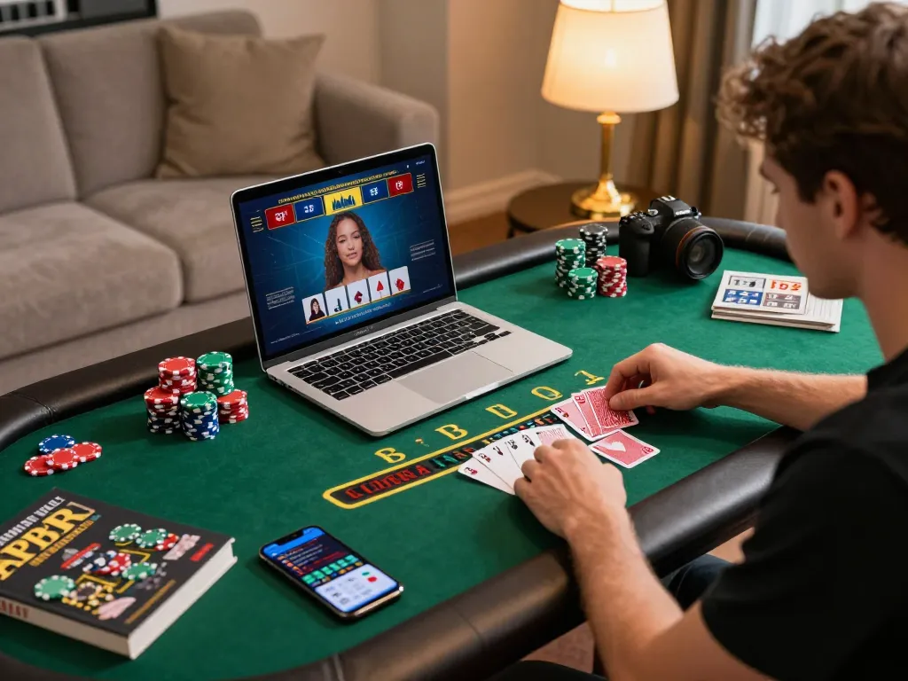 Enjoying a winning hand at blackjack on https://lc88app.com/ during a cozy home gaming session.