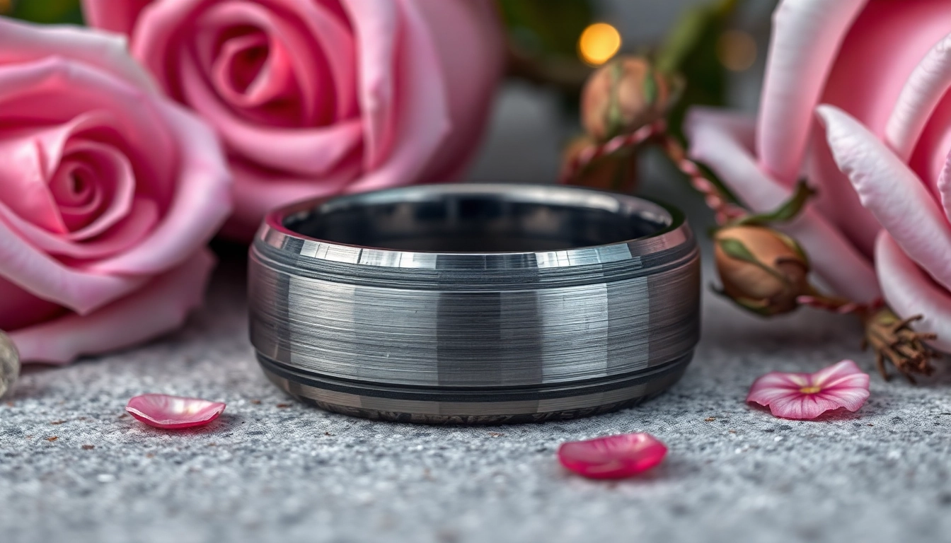 Showcasing Gunmetal Wedding Bands for Men with elegant brushed finish and artistic presentation.