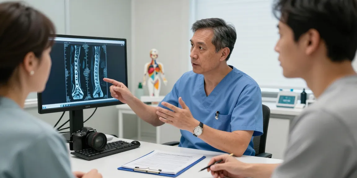 Boyun fıtığı ameliyatı consultation showcasing a surgeon explaining MRI results to a patient in a clinical setting.
