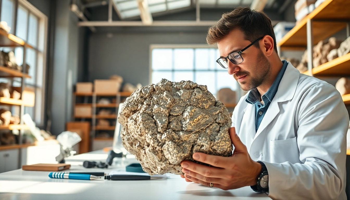 Geologist analyzing valuable ore sample in a brightly lit laboratory setting.