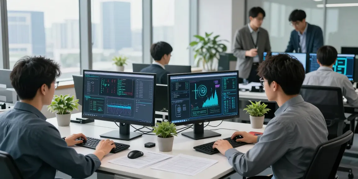 Team monitoring shs-dome5.com security systems in a bright office.