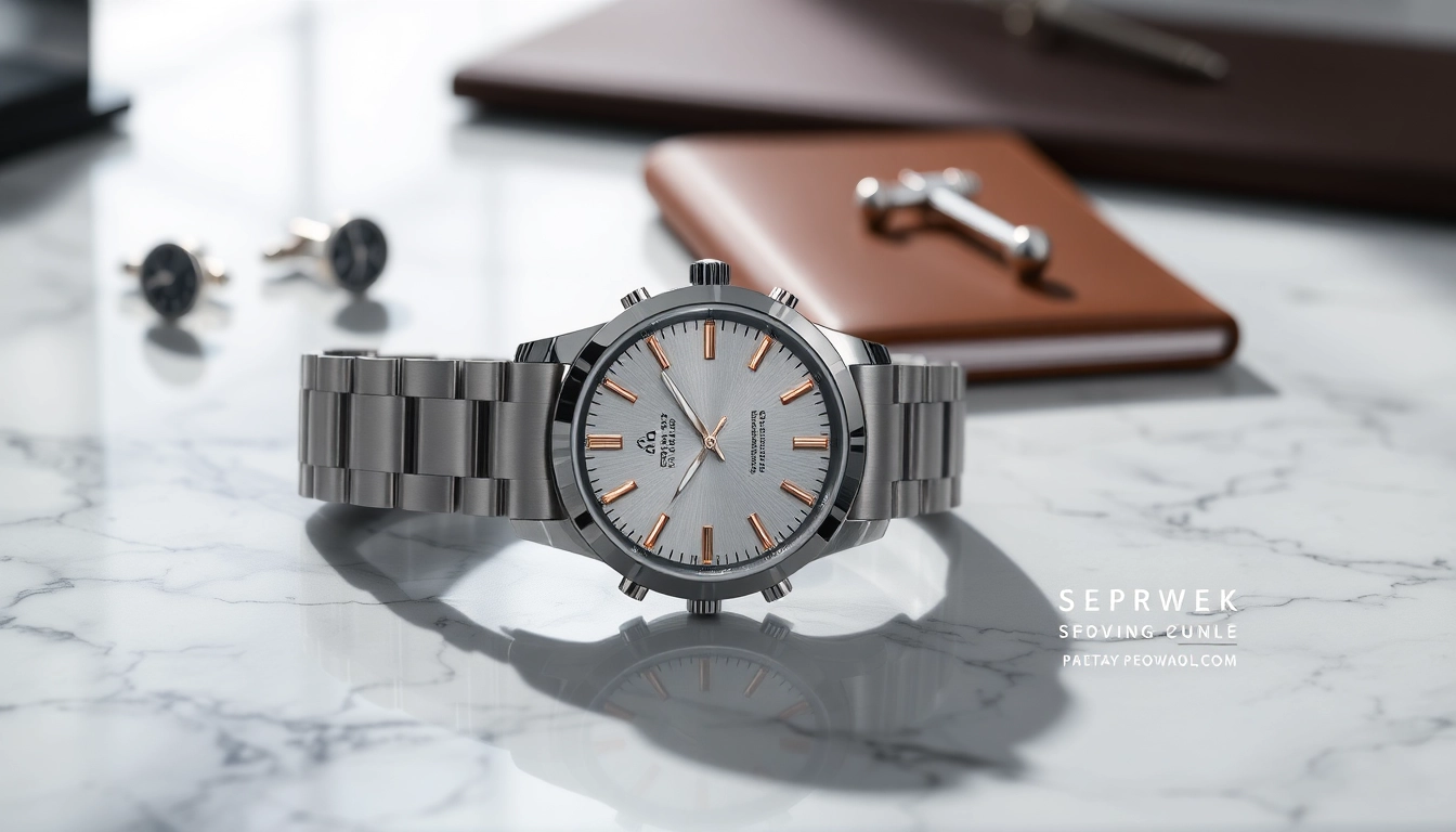 Showcasing a detailed replica watch on a marble surface with luxurious accessories.