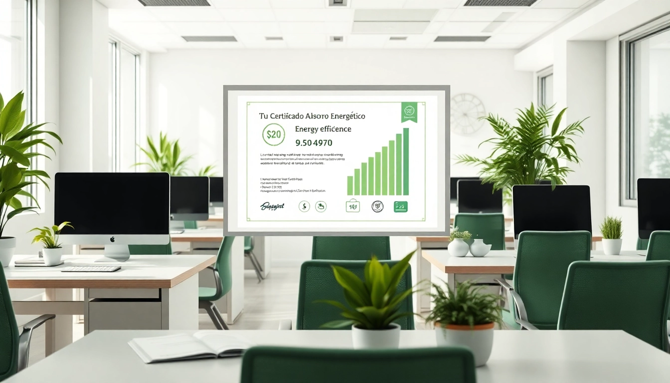 Certificado Ahorro Energético en entorno de oficina moderno y eficiente.