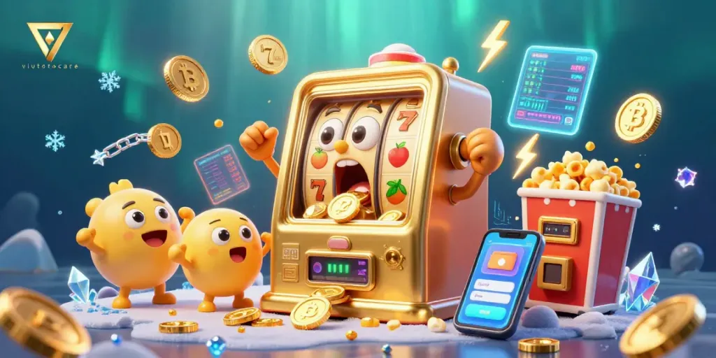 viutotocare menang jackpot besar dari mesin slot dalam ilustrasi warna-warni
