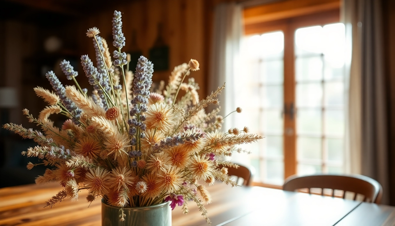 Dried flowers beautifully arranged in a stylish vase on a wooden table.