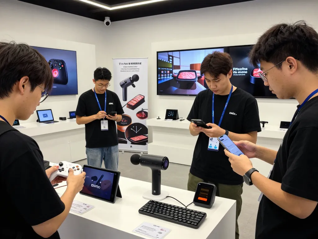 Exploring the latest tech gadgets 2103 in a modern showroom with interactive displays and enthusiastic users.