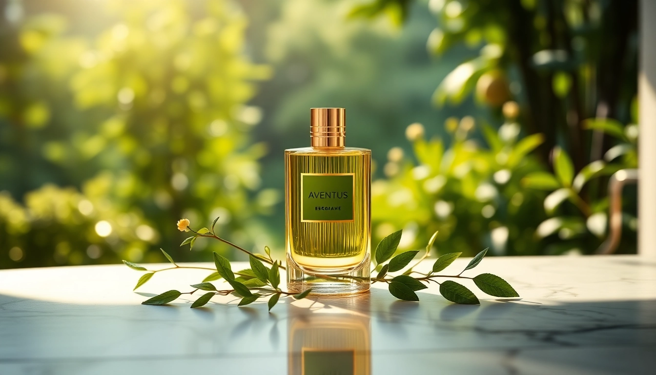 Elegant Aventus fragrance bottle surrounded by bergamot and birch leaves on marble.
