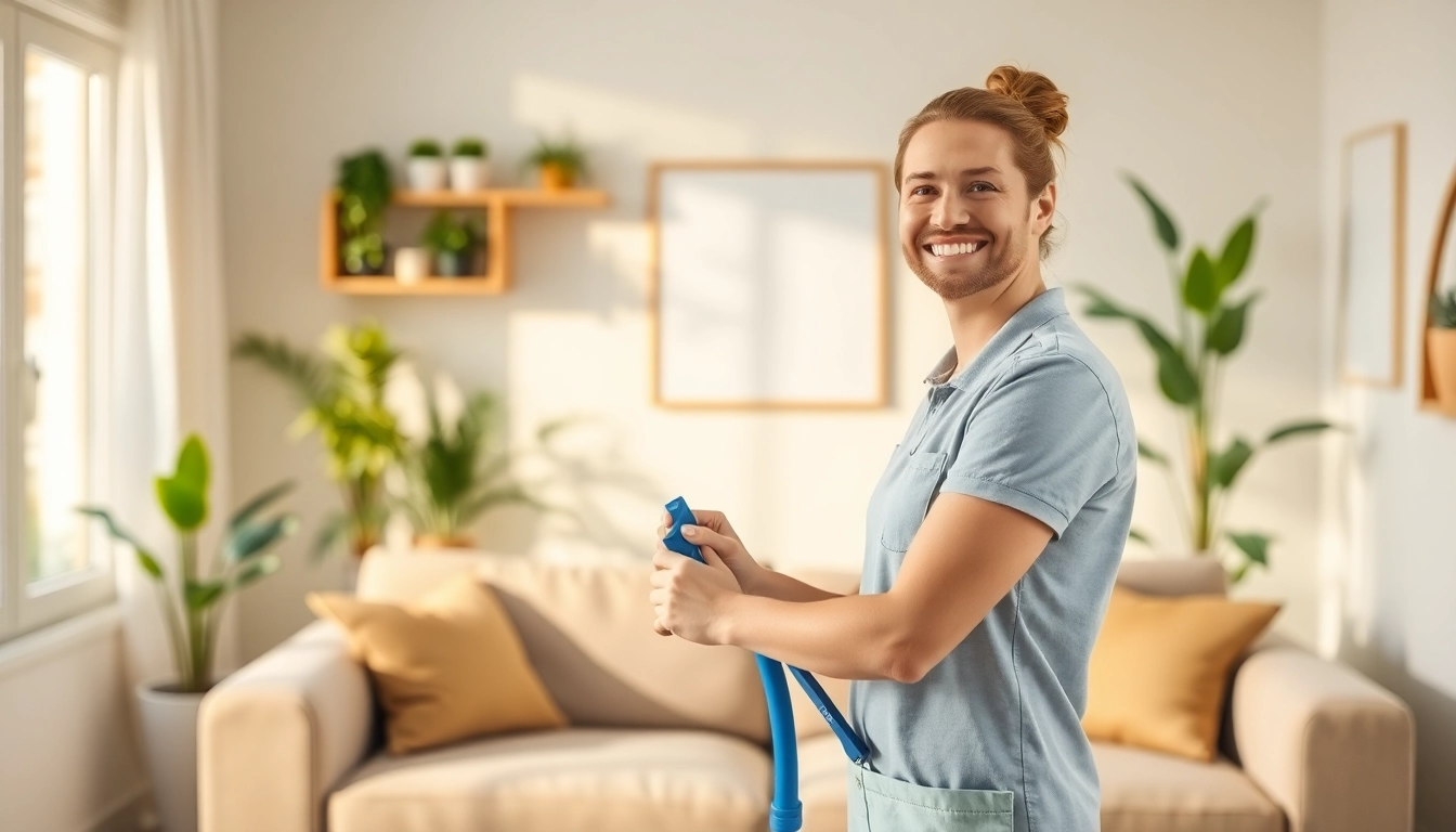 Efficient team providing exceptional cleaning service in a stylish, well-organized living room.