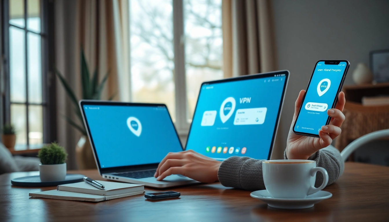 快连VPN application interface showcased on a laptop and smartphone, emphasizing user-friendly design and connectivity.