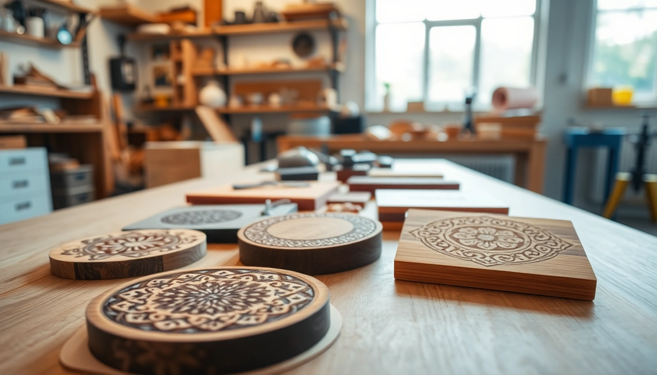 Showcasing intricate laser engraving designs on wood, leather, and acrylic crafts.