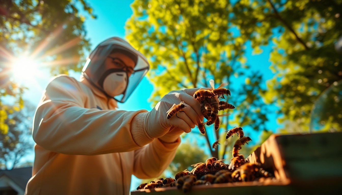 Expert bee removal service technician safely relocating bees from a hive.