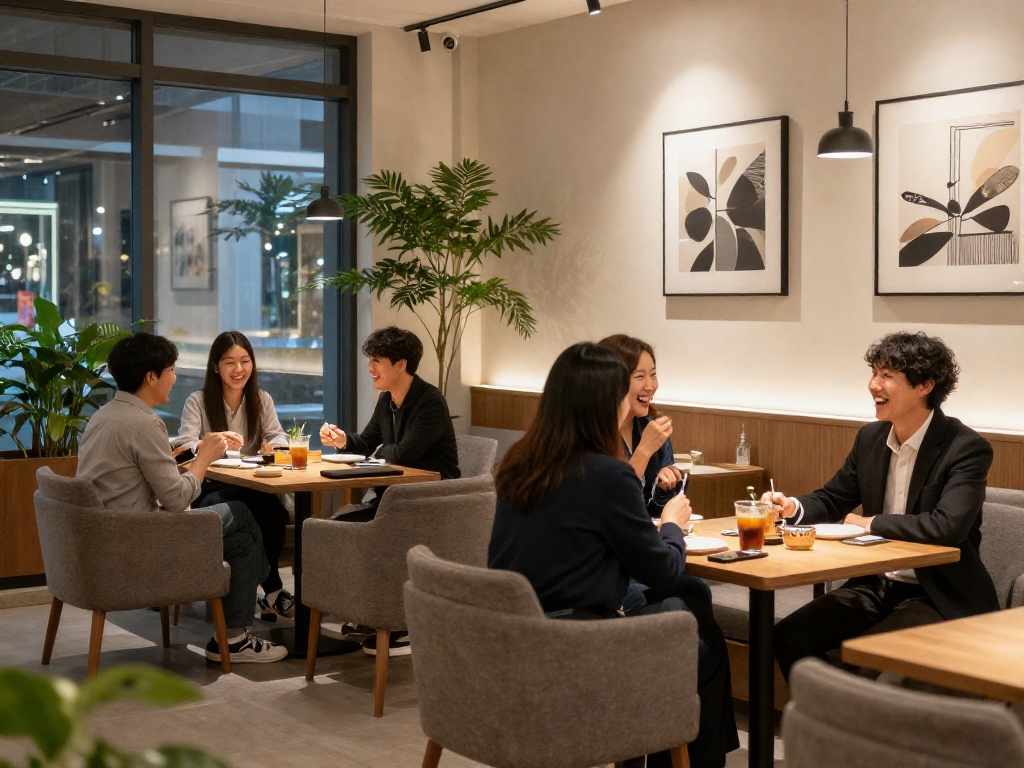 강남쩜오 멀리건의 아늑한 실내 공간에서 친구들이 즐거운 시간을 보내는 모습