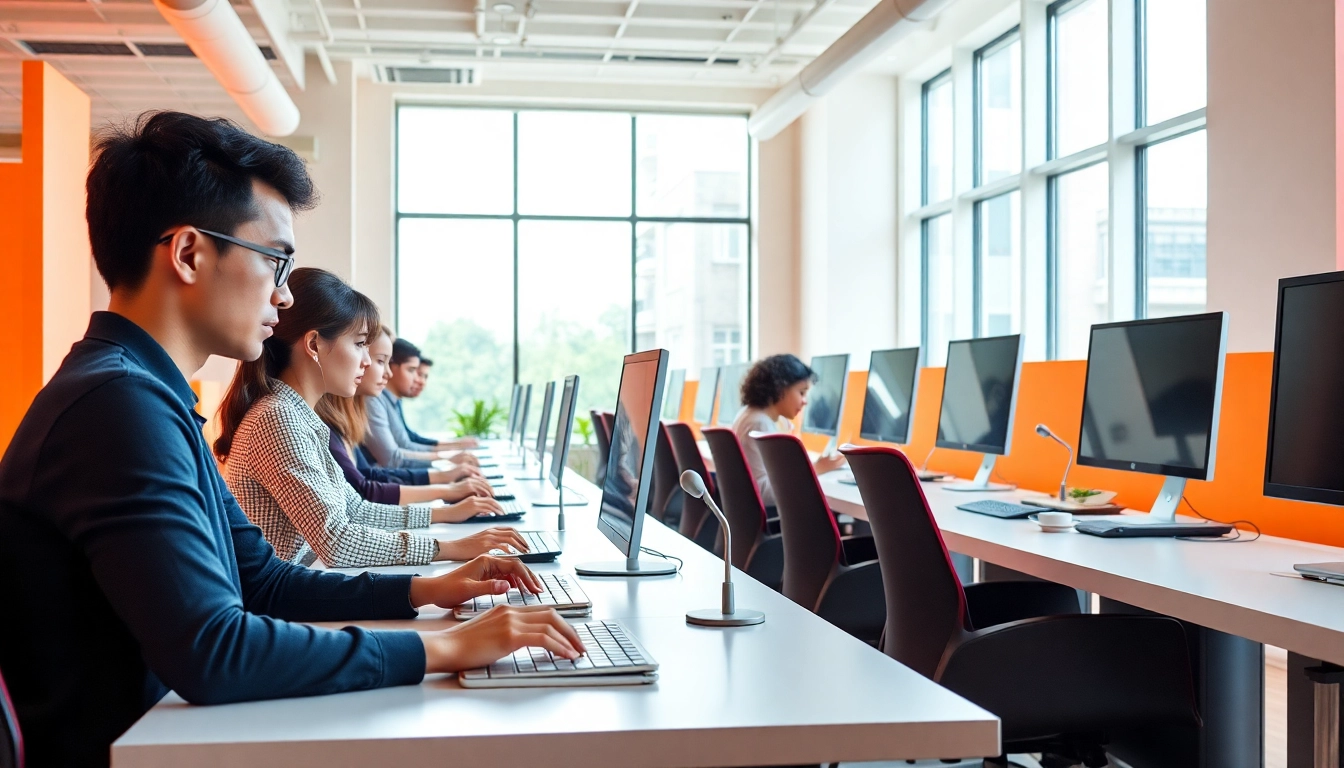 Enhance your typing center experience with focused professionals in a bright workspace.