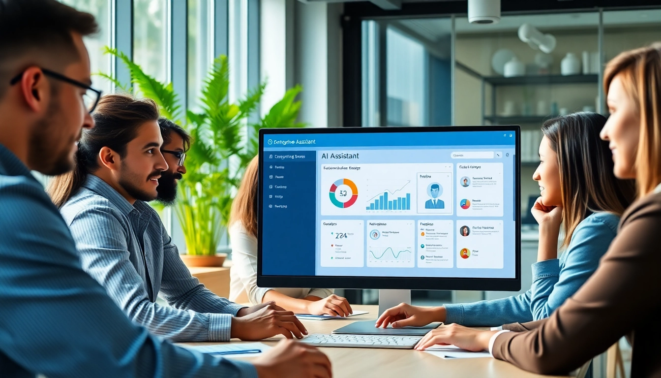 Illustration of a diverse team utilizing the enterprise ai assistant in a collaborative workspace, enhancing productivity.