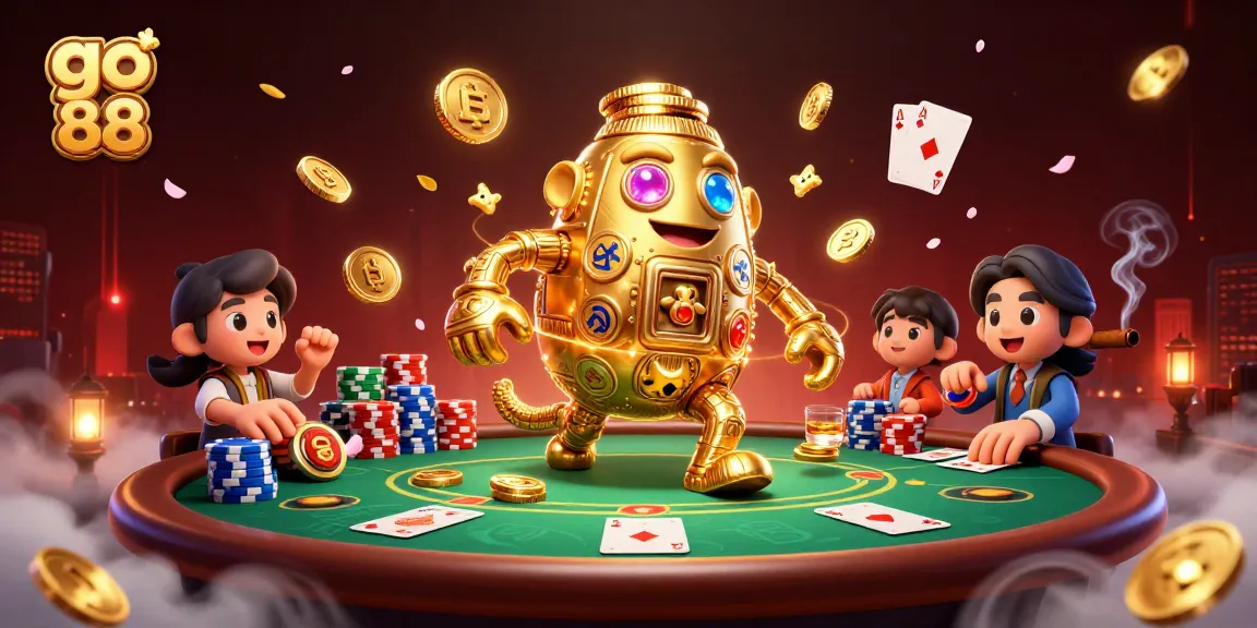 Bet on go 88 with the dynamic poker scene featuring a golden golem and vibrant chip stacks