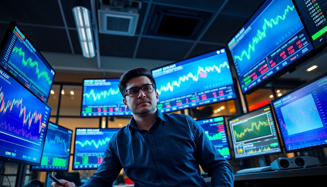 Analyze the current HWM stock price with financial data displays and a trader in action.