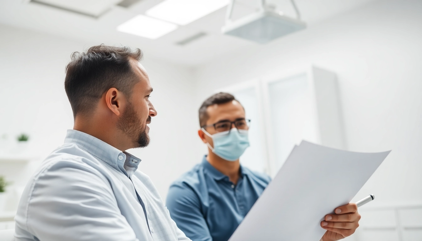 Engaging consultation for hair transplant london showcasing a surgeon and patient in a modern clinic.