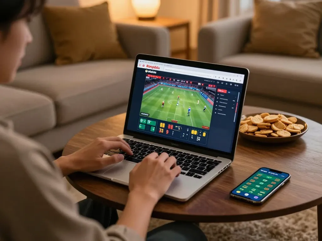 Placing bets on the Bongdalu website from a cozy home setup for engaging sports betting.