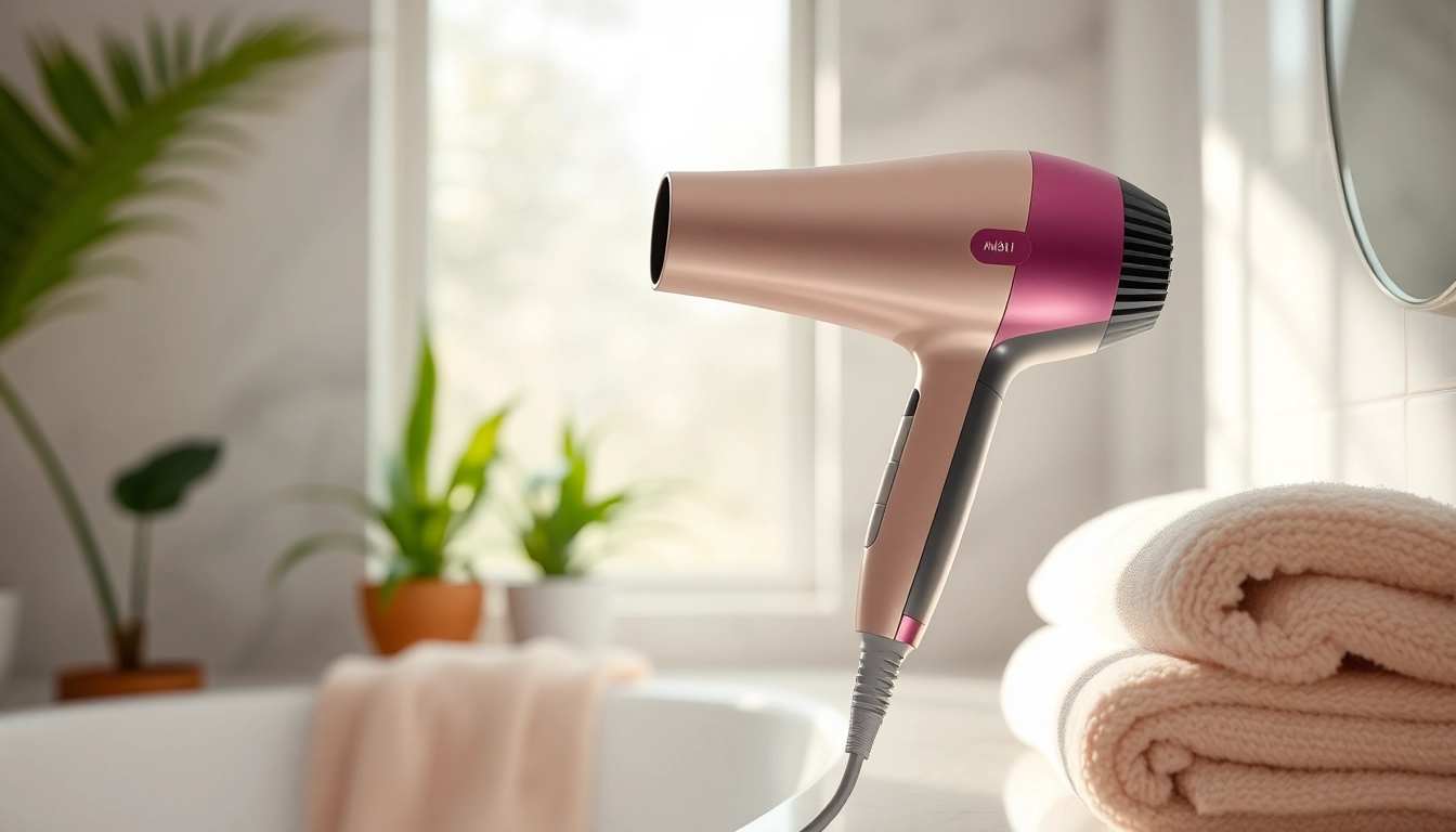 Revitalize frizzy hair with a sleek frizzy hair dryer displayed in a modern bathroom setting.
