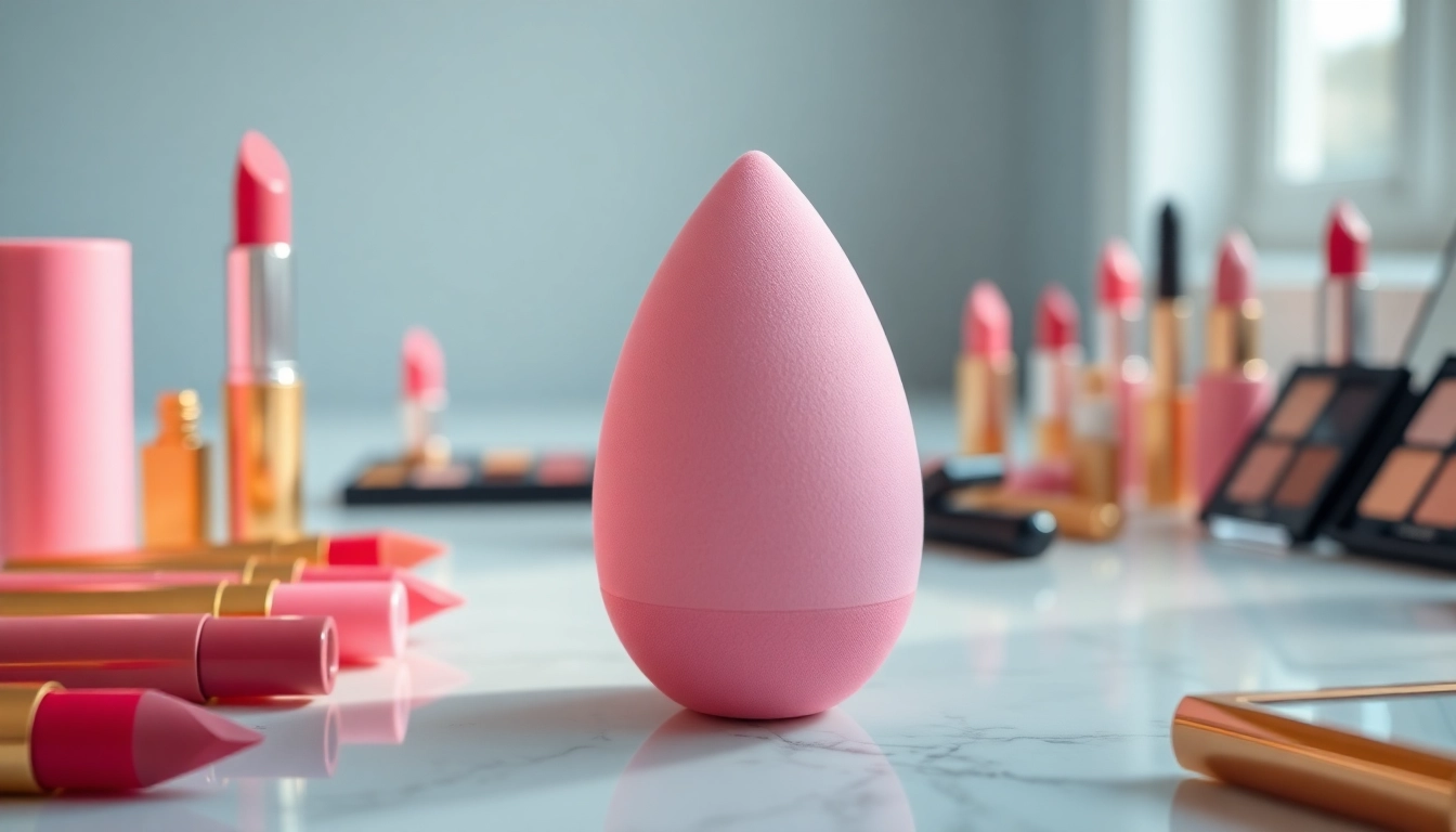 Apply makeup effortlessly using a silicone beauty blender surrounded by colorful cosmetics.