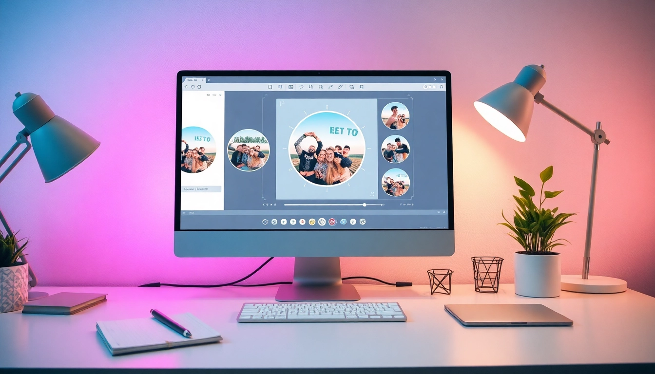 Circular photo cropping tool interface with vibrant images and editing workspace.
