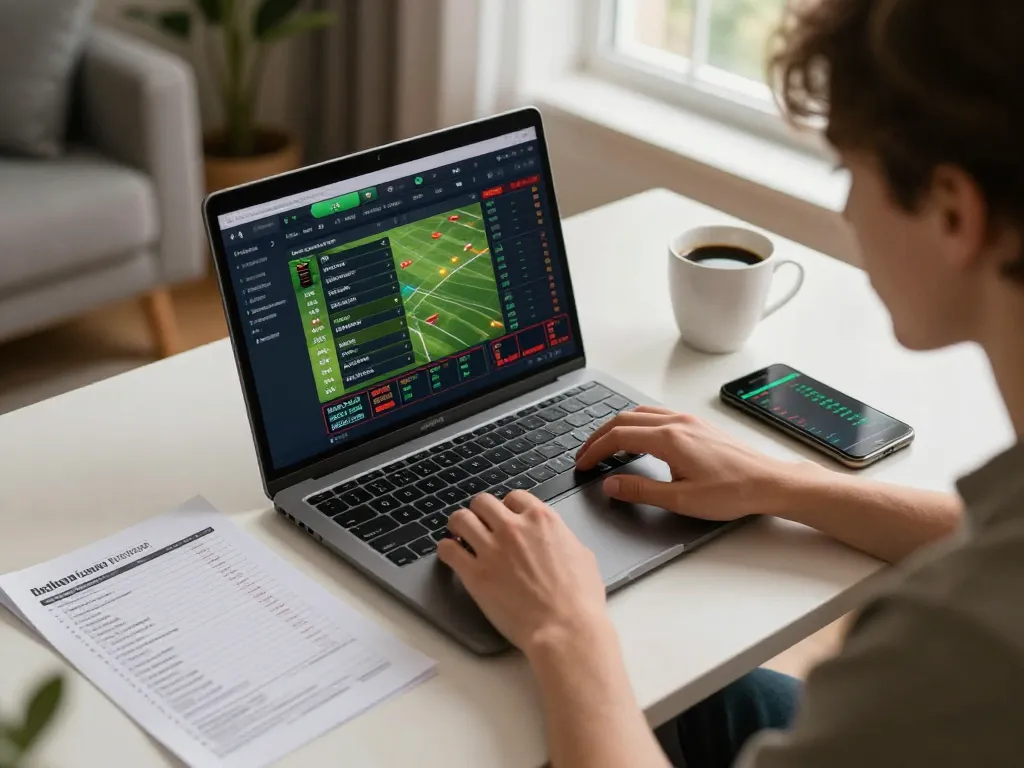 Placing bets on sports events through https://www.mnm88.com/ with a laptop interface showing live odds and strategies.