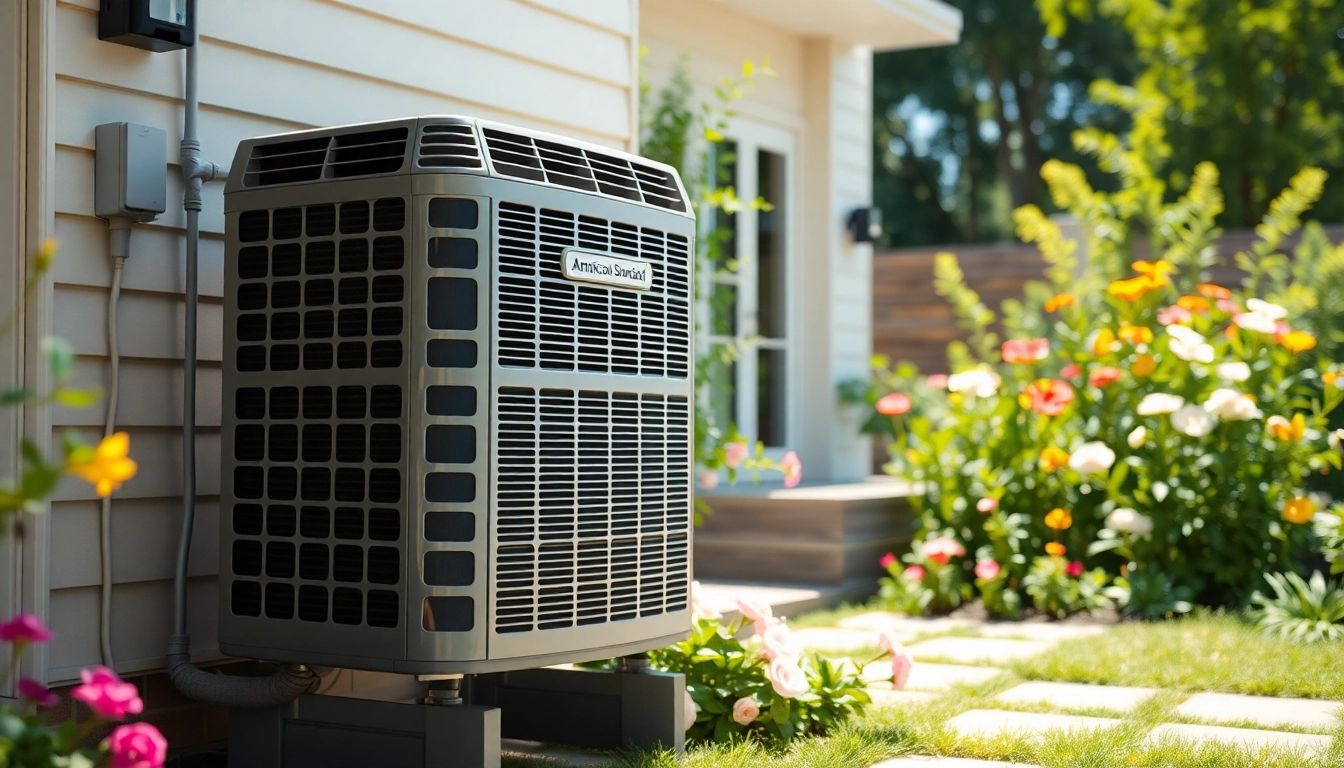 Showcasing an American Standard air conditioner in a beautifully landscaped garden environment.