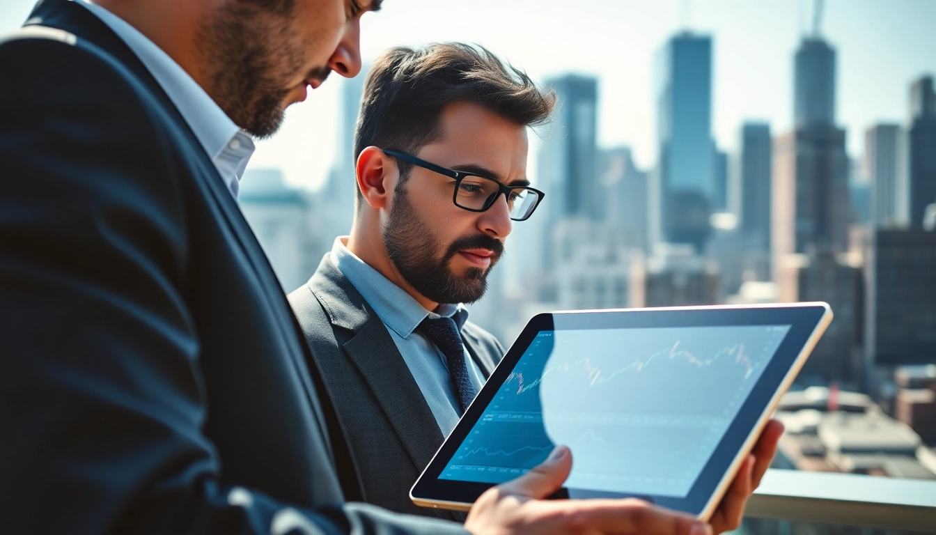 Engaging stock trader using the best stock trading app In Saudi Arabia amidst a vibrant cityscape.