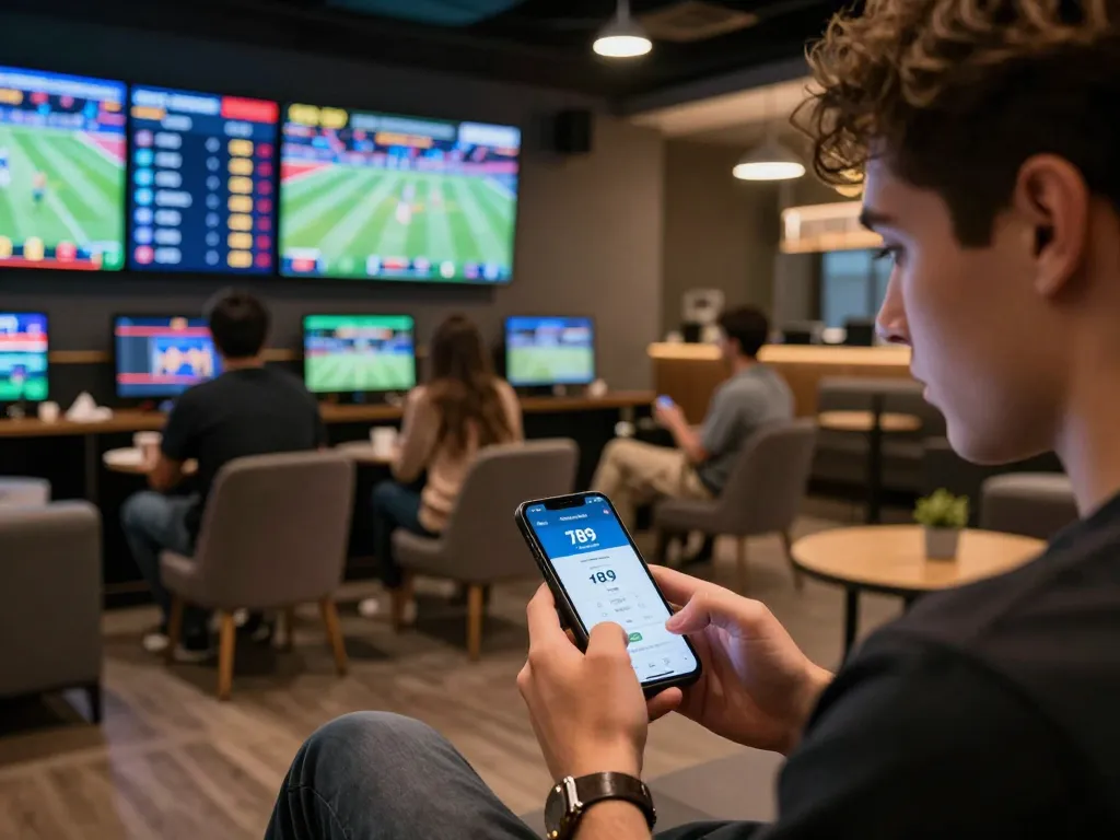 Engaging moment placing bets on the 789 win app in a lively sports lounge with friends.