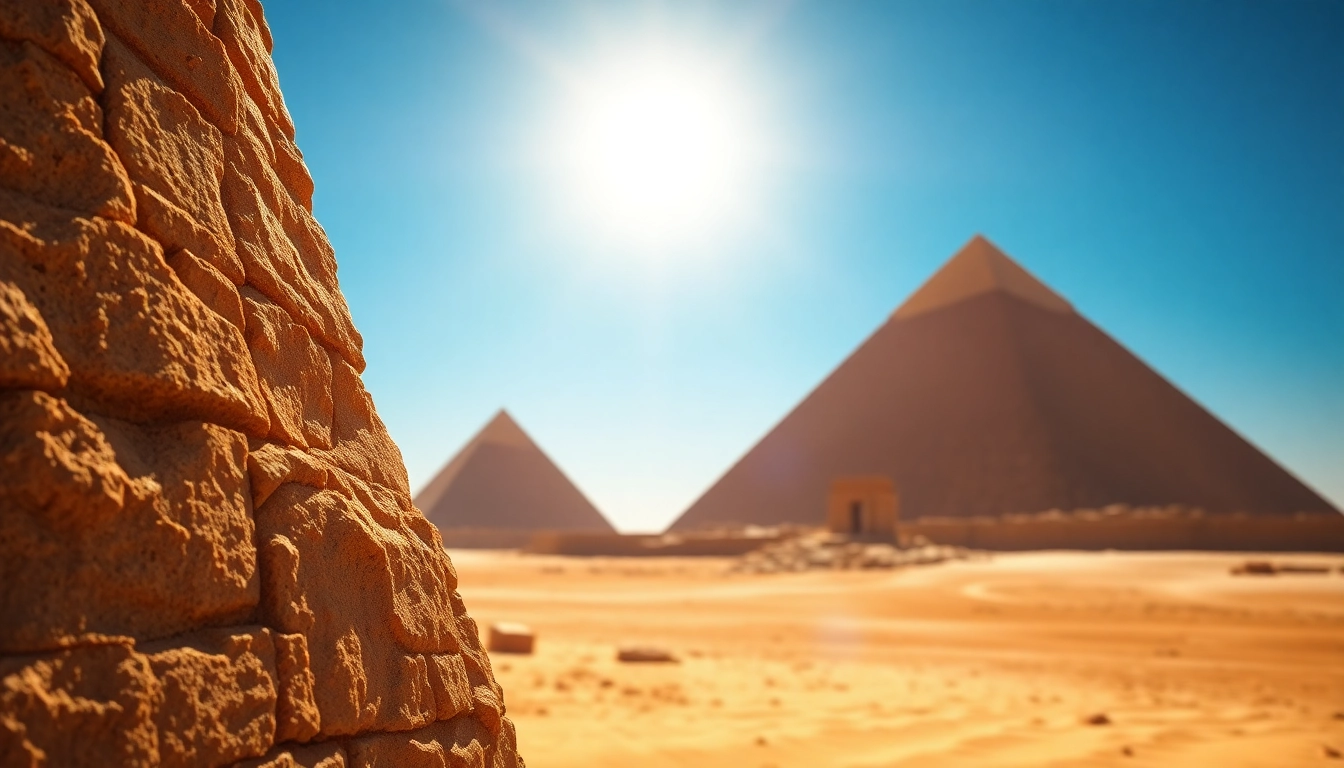 Admiring the majestic piraminds towering under a clear blue sky against a warm desert landscape.